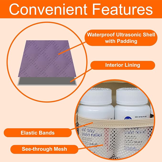 Large Travel Pill Bottle Organizer, Slim Medicine Bag, Carrier for Medications and Medical Supplies - Purple Ultrasonic