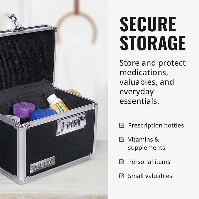 Vaultz Locking Security Box with Combination Lock - Secure Metal Lock Box Safe for Valuables, Cash & Personal Items, Small Lockbox with Code, Portable Storage Case, Black