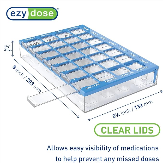 EZY DOSE Pill Organizer Weekly (7-Day), Medicine Planner, Vitamin Case/Box, Medium Compartments with Easy Fill Tray, 4 Times a Day, Easy to Use Containers, Clear Lids, Blue, BPA Free