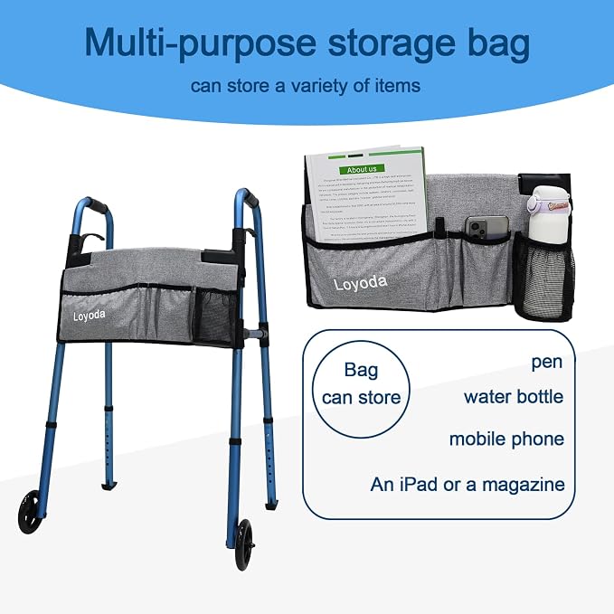 Loyoda Folding Walker for Seniors, Lightweight Aluminum Standard Walker | Trigger Release Foldable, 5" Front Wheels, Height Adjustable, Storage Bag, Ski Glides, Blue