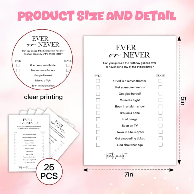 Birthday Party Games, Ever or Never, 25 Pcs Card Set for Guests, Fun Birthday Game for Teen Adults – A03