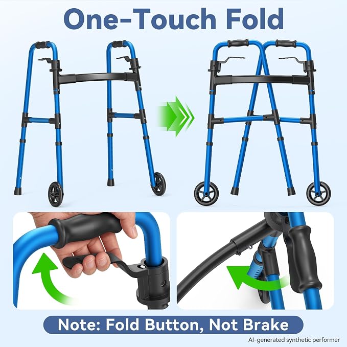Loyoda Folding Walker with 2 Skis and 5" Wheels, Lightweight Walkers for Seniors and Adults, Supports Up to 350 Pounds, Adjustable Height, Compact Standard Walker, Blue