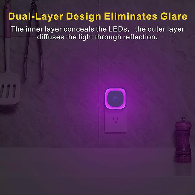 2 Pack Plug in Night Light with Motion Sensor & Dusk to Dawn Sensor, 3 Sensor Modes, Purple Night Lights Plug into Wall, Dimmable Calming Glow for Meditation, Relaxation, Bathroom, Bedroom