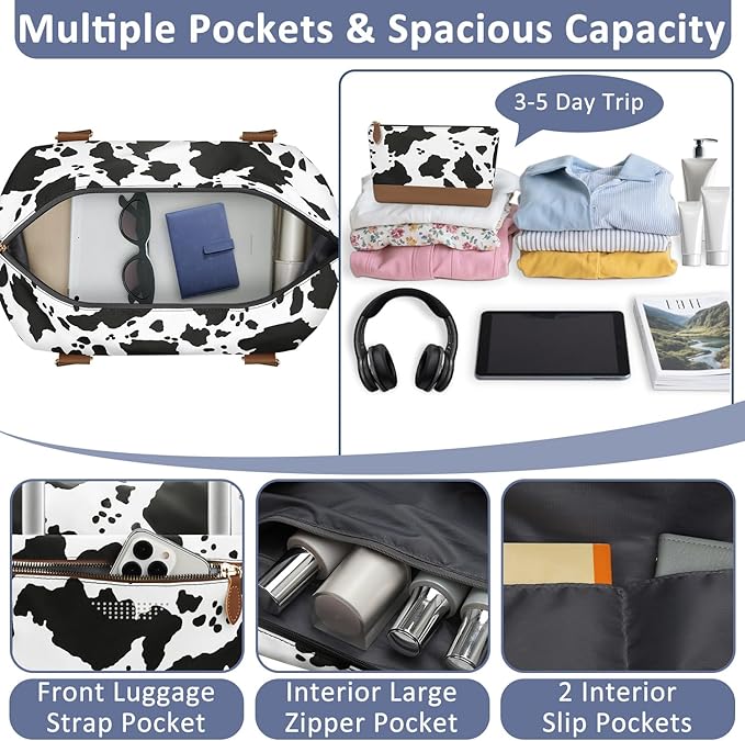 ELONGRIVER Travel Duffle Bag for Women, Weekender Bags, Hospital Bag for Labor Delivery, Lightweight Tote Duffel Overnight Bag with Luggage Sleeve, Airplane Travel Bags with Toiletry Bag, Large, Cow