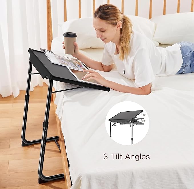 HUANUO Adjustable TV Tray Table - Foldable TV Tray with 6 Height & 3 Tilt Angle Adjustments, TV Dinner Tray with Cup Holder for Couch, Bed, Sofa and Chair (Black)