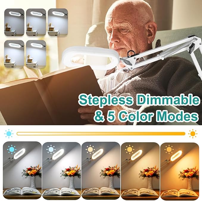 10X Rectangle Magnifying Glass with Light, 5 Color Modes Stepless Dimmable Magnifier with Stand, LED Lighted Clamp Desk Lamp with Swing Arm, Hands Free for Reading Painting Close Work - White
