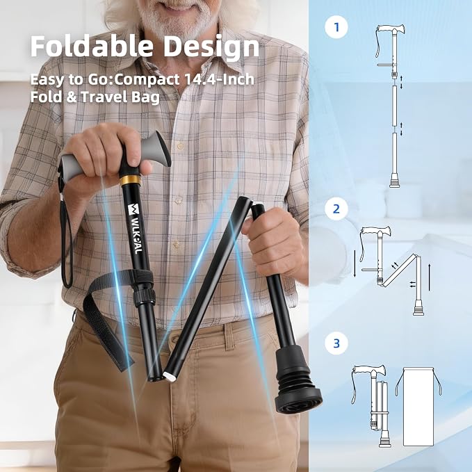 All-Terrain Folding Walking Cane for Men & Women | Heavy-Duty 300lbs & Yet Lightweight, All-Terrain Shock-Absorbing Tip, Ergonomic Handle, Adjustable, Collapsible & Portable