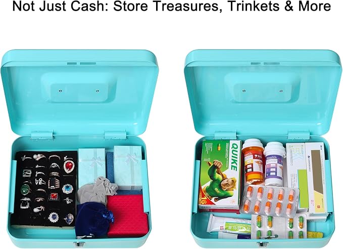 Jssmst Cash Box with Money Tray and Lock - Light Blue Money Saving Box for Cash Coins, Small Lock Box for Medication Personal Items, 9.84'' x 7.87'' x 3.46'', Light Blue