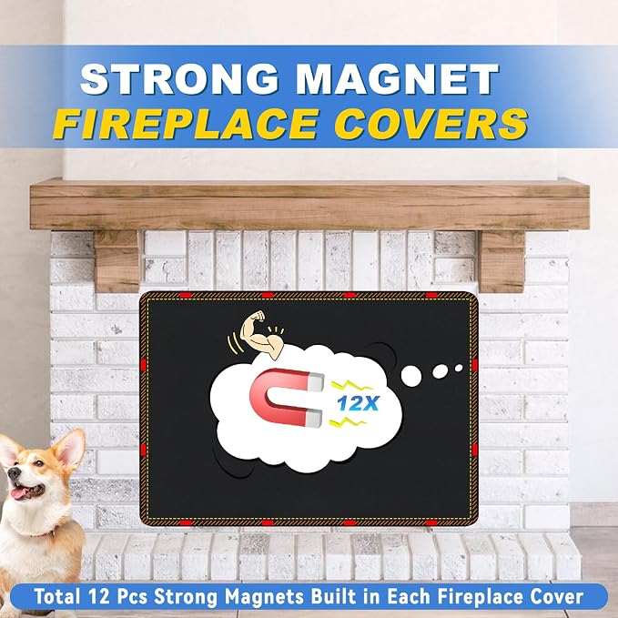 Magnetic Fireplace Cover, Fireplace Draft Stopper with 12 Pieces Strong Magnets, Fireplace Blanket for Heat Loss, Air Blocker for Winter and Summer, 45"x34", Black