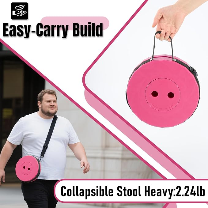 Doseno Collapsible Stool, Portable Stool, Foldable Collapsible Seat, Pink | Retractable foldable stool spans 2.4-17.5 in; portable seat with carry strap for fishing, hiking, camping, BBQ and travel.