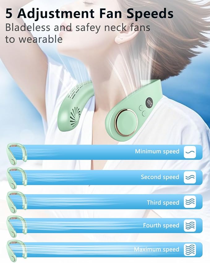 Personal Neck Air Conditioner with Cooling Plates, 5500mAh Long Battery Life, Silent Wearable Cooling Neck Fan, Bladeless lightweight Headphone Fans for Hot Flash Women Adult Outdoors, Light Green