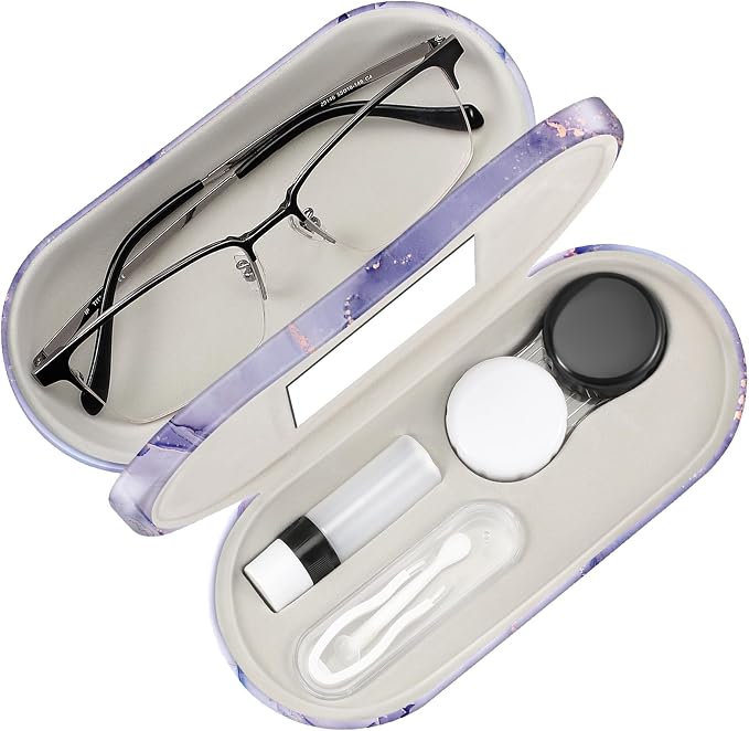 Fintie 2 in 1 Contact Lens Case and Eyeglasses Case, Double Sided Portable Eyeglasses Travel Holder with Built-in Mirror, Tweezer and Contact Lens Solution Bottle Included