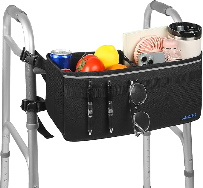 ZHCHG Walker Basket for Seniors, Walker Accessories Bag for Folding Walker | Large Capacity & Never Tipping Over, Best Gift- (Not Fit Rollator Walkers)- Black