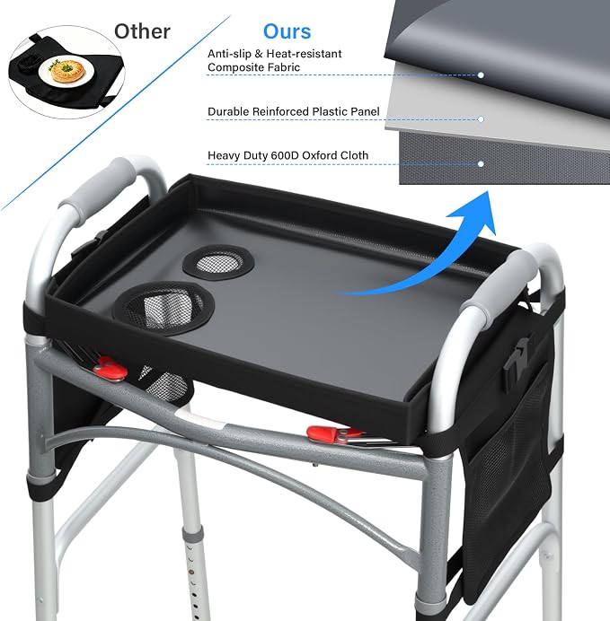 Detachable Walker Tray with Cup Holder & Side Pockets, Non-Slip Universal Table Accessory for Folding Rolling Walkers Seniors