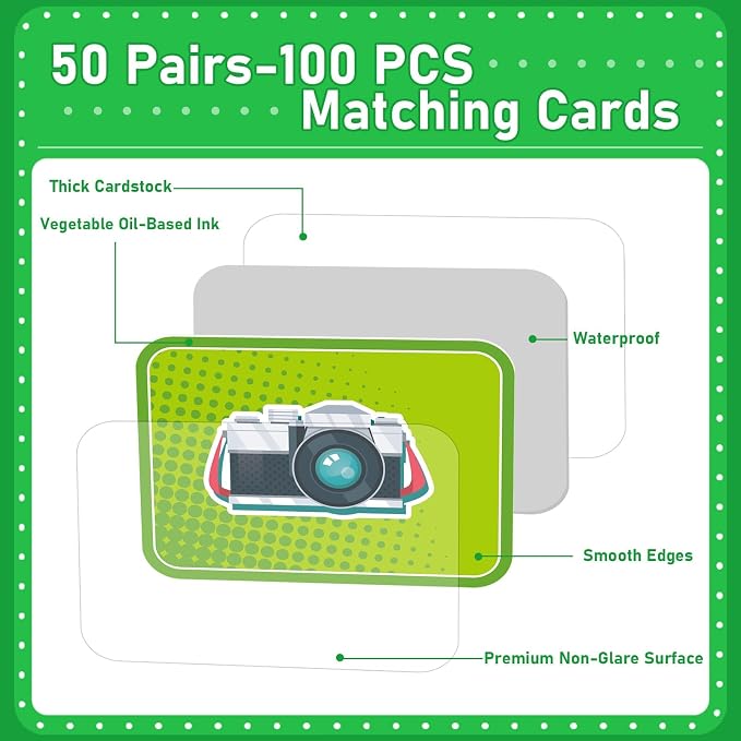 gisgfim 100 PCS Memory Matching Game for Kids Summer Camp Concentration Memory Card for Preschool Educational Ages 3-8 A Fun & Fast Camp Theme Matching Games