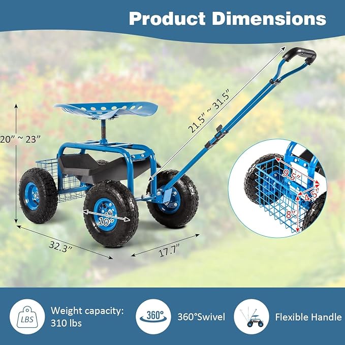 kinbor Rolling Garden Scooter Garden Cart with Tray, 360 Swivel Seat, Blue