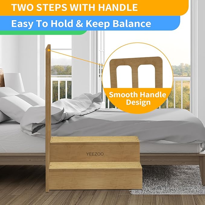 Wooden Two Steps with Handle, Large 2 Steps Stool for high Bed, Solid Wood 2 Steps to get in& Out of Bed Easily for Elderly(25.4" L*11.0" H)