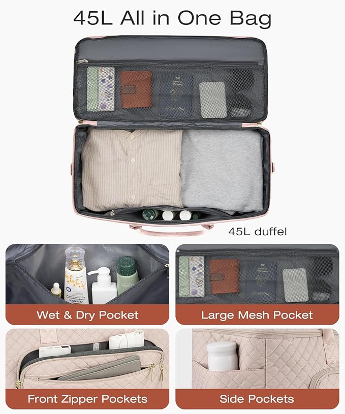 Travel Duffle Bag, Wide Open Large Weekender Bag for Women with Shoe Compartment, Carry on Overnight Bags with Toiletry Bag, Hospital Bag for Women Labor Delivery (Antiquewhite)