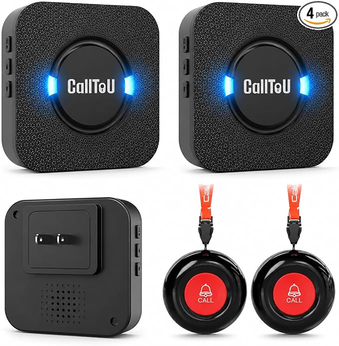 CallToU Caregiver Pager Wireless Call Button for Elderly at Home, 500+ ft Open Area Long Range Through Walls, 2 Plug-in Receivers and 2 Waterproof SOS Buttons, No WiFi