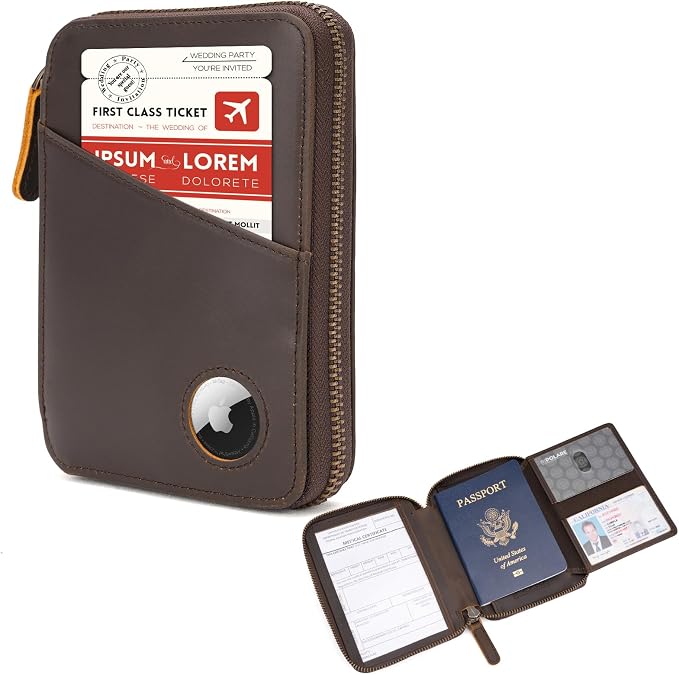 Polare Leather Pilot Wallet Passport Holder RFID Blocking Tri-fold Travel Cover Document Organizer for Aviation Professionals (Dark Brown(YKK Zipper with AirTag Slot))