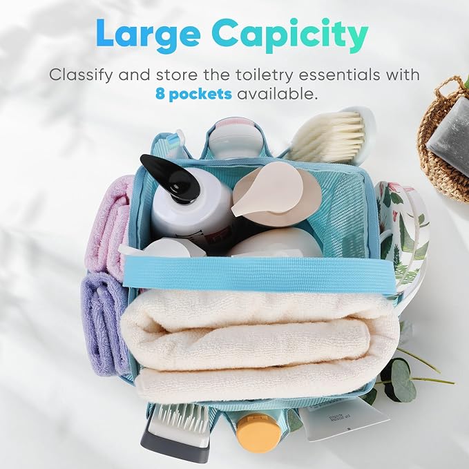 EUDELE 2 Pack Mesh Shower Caddy Portable for College Dorm Room Essentials, Shower Caddy Dorm with 8-Pocket Large Capacity,Shower Bag for Beach,Swimming,Gym All Black+All Ice Blue