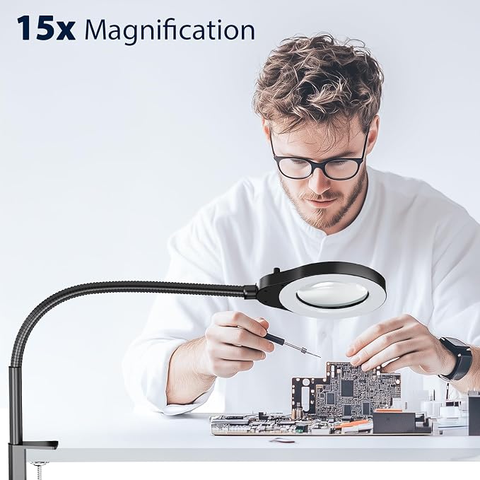 15X Magnifying Glass with Light and Stand, 5 Color Modes Stepless Dimmable LED Lighted Desk Lamp, 84 LED Magnifying Lamp Hands Free Flexible Gooseneck Magnifier for Repair Crafts Hobby Sewing