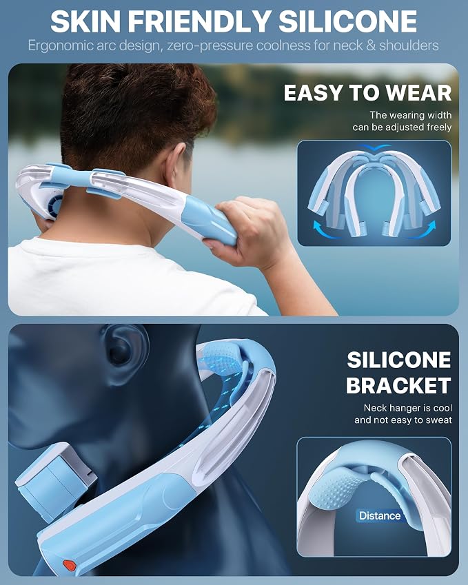 AaoLin Portable Neck Fan with 6000mAh Battery, USB-C Rechargeable, Blue Hands-Free Personal Fan 6 Speeds, 6-20Hrs Cooling for Outdoor Sports/Gym/Office, Adjustable 11oz Lightweight, Neck Cooler