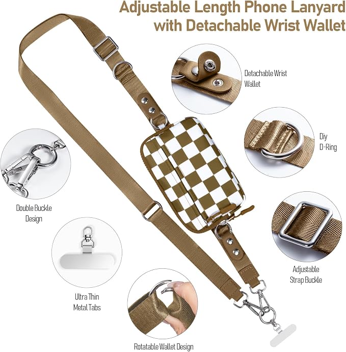 Tiostep Clip and Go Strap for Phone with Wallet Crossbody Phone Lanyard Adjustable and Detachable RFID Wristlet Wallet (Camel Checkered, Large)