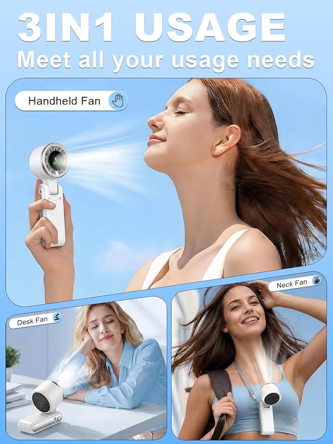 Portable Handheld Turbo Fan, 5 Gear Wind, Battery Operated, Up to 13 Working Hours Rechargeable Fan, 3 IN 1 Hand Fans with Air Turbo Tech Cooling Fan for for Travel, Beach, Outdoor - White