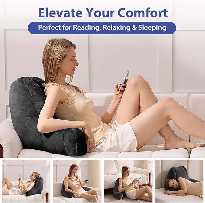 Reading Pillows for Sitting in Bed Adult, Back Pillow for Bed Sitting Up, Backrest Pillows with Shredded Foam for Adult&Teens, Support Pillow with Arms for Beds, Couch, Floor, 24in, Black