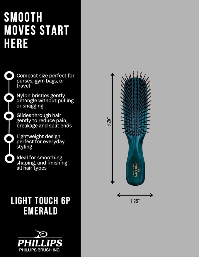 Phillips Brush Light Touch 6 Detangling Hair Brush, Petite Emerald Green | Flexible Nylon Bristles Gently Detangle and Smooth All Hair Types. Compact 6.25 Inch Brush for Daily Use and Travel