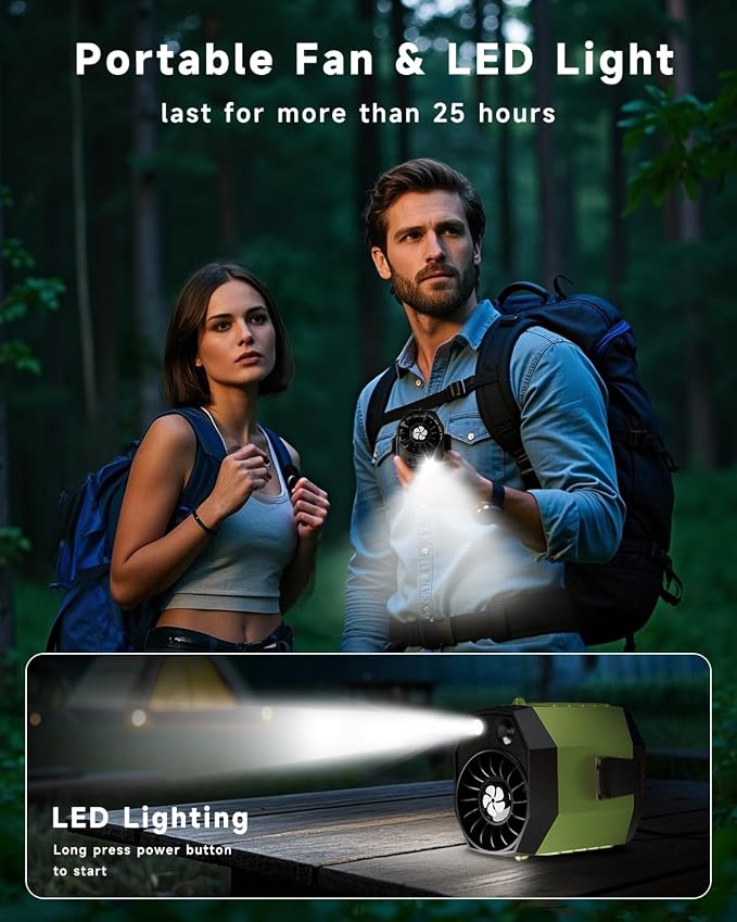 JKBOOM Portable Waist Fan, 9200RPM High Speed Wearable Fan, Mini Rechargeable Personal Fan for Jobsite & Outdoor, 25H Runtime, 25dB Quiet, Belt Fan with LED Flashlight for Men, Green