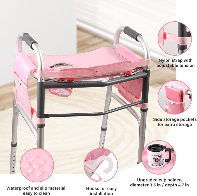 Walker Tray for Folding Walker, Non Slip Mobility Table for Seniors, Fits Most Standard Folding Walkers, Multi Functional Removable Tray, Portable Multipurpose Walker Accessories