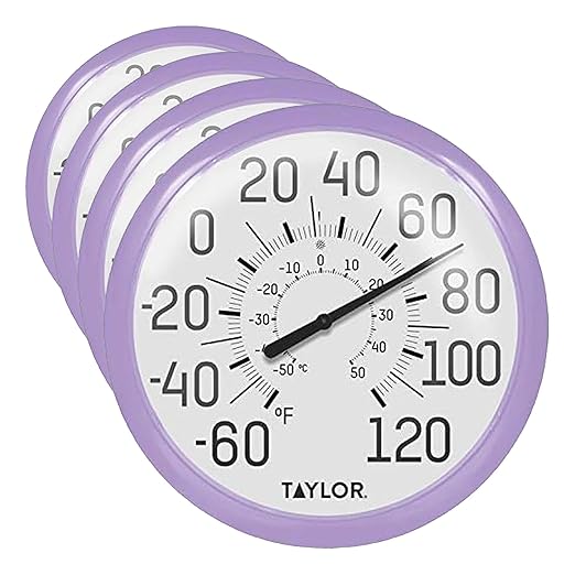 Taylor Big and Bold Wall Dial Thermometer, Indoor Outdoor Thermometer, Wireless Thermometer with Easy to Read Numbers for Patio, Pool, Garage and Indoor Areas, 13.25-inch, Lilac (Pack of 4)
