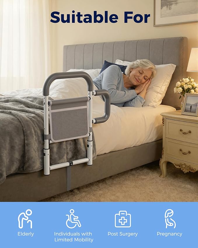 ONTHEWEI Bed Rails for Elderly Adults Safety, Bed Cane with Double Non-Slip Handle & Storage Pouch, Bed Assist Rails for Seniors and Post-Surgery Reduce Falls & Support Independence, Fits Most Bed