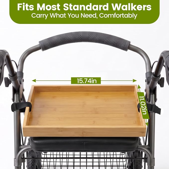 Walker Tray with 2 Adjustable Straps | 15.7"x11.1" Bamboo Walker Tray for Folding Walker, Rollator | Multipurpose Tray for Eating, Laptop, Crafts, Medical Equipment Accessories for Seniors
