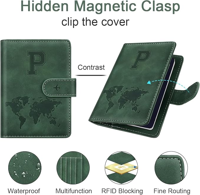 Passport Holder Wallet Cover Personalized Initial Travel Essentials | Embossed Letter A-Z Design, Travel Wallets, RFID Blocking, Passport Book Holders, Women and Men, Personalized Gifts, Green-P