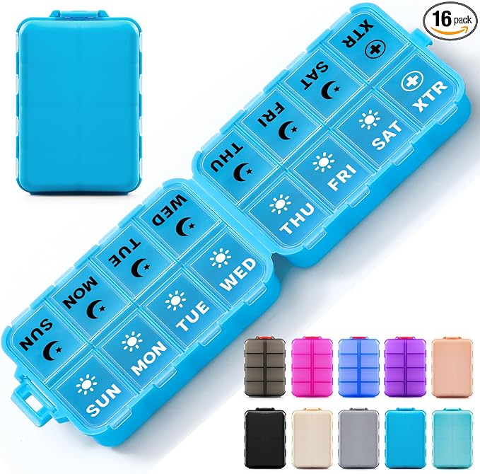 Foldable Weekly Pill Organizer 2 Times a Day with 2 Extra Compartments (Clear Printed Labels) - Portable 7 Day AM PM Medicine Box, Week Daily Travel Pill Case Holder for Vitamin, Supplement - Blue