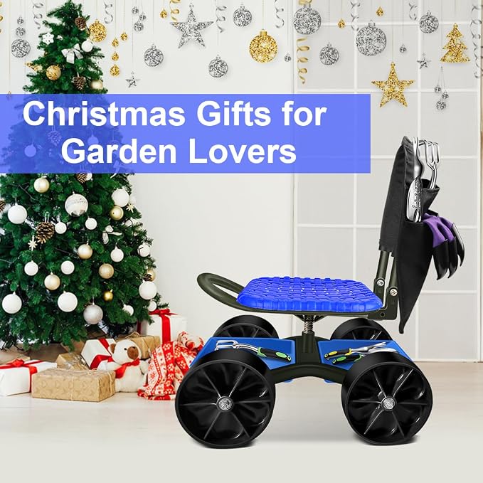 i Cover Garden Cart Rolling Stool with Four Wheels and Tool Bag, Stable Workseat Sturdy Carts Adjustable Seat Height and Direction, Gardening Helper, Blue