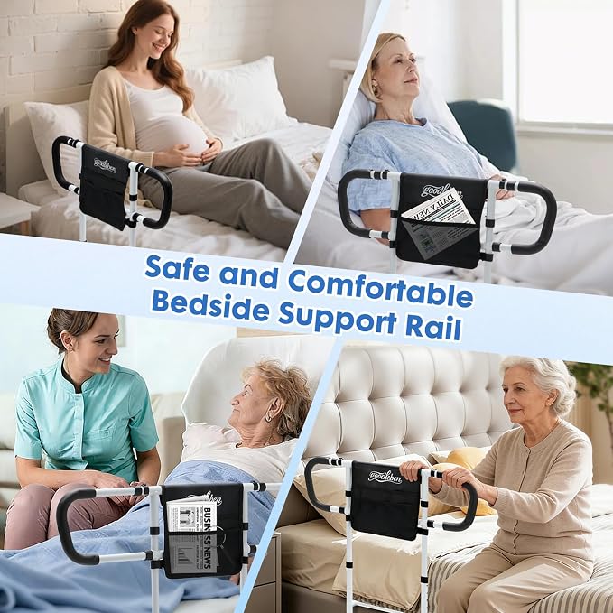 Bed Rails for Elderly Adults Safety, Bed Assist Rails for Seniors with Non-Slip Ergonomic Handle, Floor Support & Storage Pocket, Adjustable Bed Rail Fits Twin, Full, Queen & King Beds