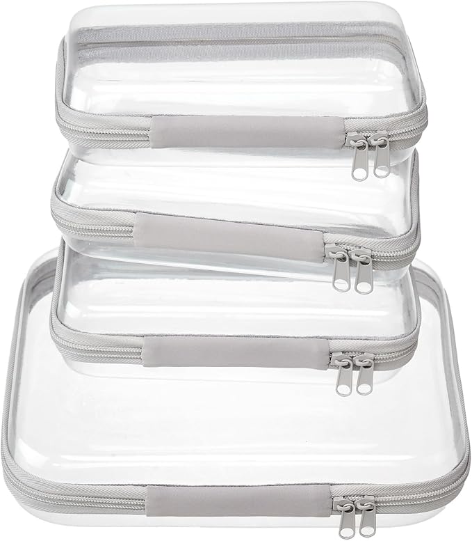 4 pcs Clear Zipper Pouches,Hard Shell Zipper Case, Toiletry Bag for Travel | CLear Diaper Bag, Toiletry Pouch, Travel Organizer, Cosmetic Bag,Toy Storage Bins (M+3S) (Gray)