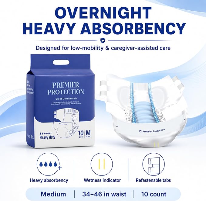 Adult Incontinence Briefs Tab Style, Heavy Absorbency with Wetness Indicator, Refastenable Tabs, Breathable & Soft, Men and Women, Medium & Large, 10 Count