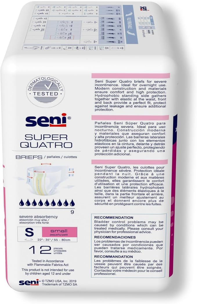 Seni Super Quatro Unisex Adult Incontinence Briefs with Tabs, Size Small (22"-31"), 24 Count (2 Packs of 12), Severe Absorbency, Disposable Overnight Briefs for Men & Women