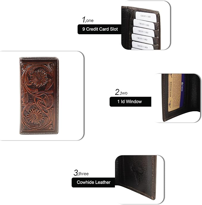 American Bison Arrigo Floral Design RFID Rodeo Wallet for Men – Hand-Tooled Cowhide Leather Wallet with Gift Box (Dark Brown)