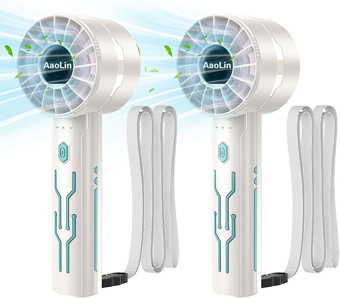 AaoLin 2pcs Portable Handheld Turbo Fan with 7000rpm High-Speed Motor USB Rechargeable Cooling Personal Fan 4-Speed, 4-16H Runtime, with Lanyard for Outdoor Travel, Women, Kids, Summer Gift