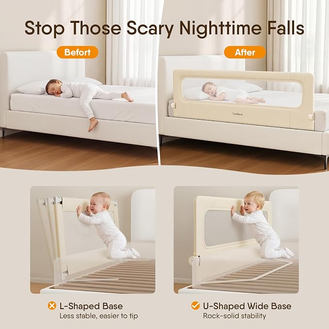 Bed Rail for Toddlers,71 Inch Foldable Baby Guard | 71 in foldable toddler rail with reinforced anchors, no-gap mattress fit, double lock, washable fabric for King|Queen