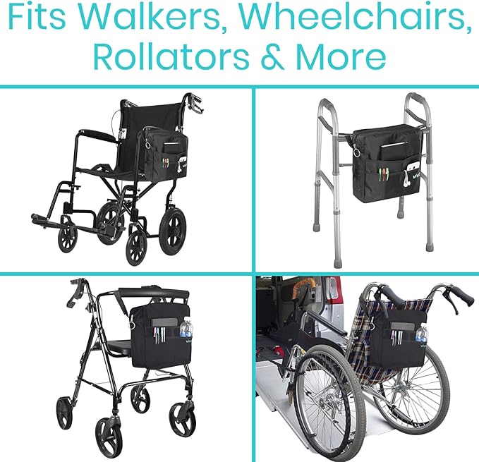 Vive Wheelchair Bag - Machine Washable, Double-Stitched, Water-Resistant Accessory Backpack for Rollators, Wheel Chairs, Walkers - Pouch with XL Pockets & Straps for Quick Installation