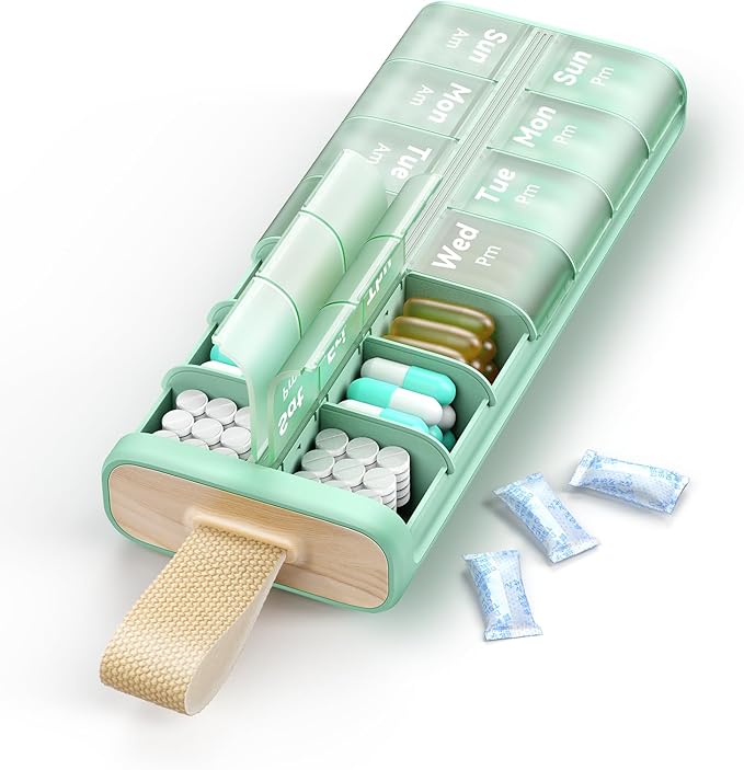 Weekly AM PM Pill Organizer 7 Day, Large 2 Times a Day Pill Box Case with Carry Handle, Moisture-Proof Desiccant & Secure Easy-Open Lids for Vitamins and Supplements