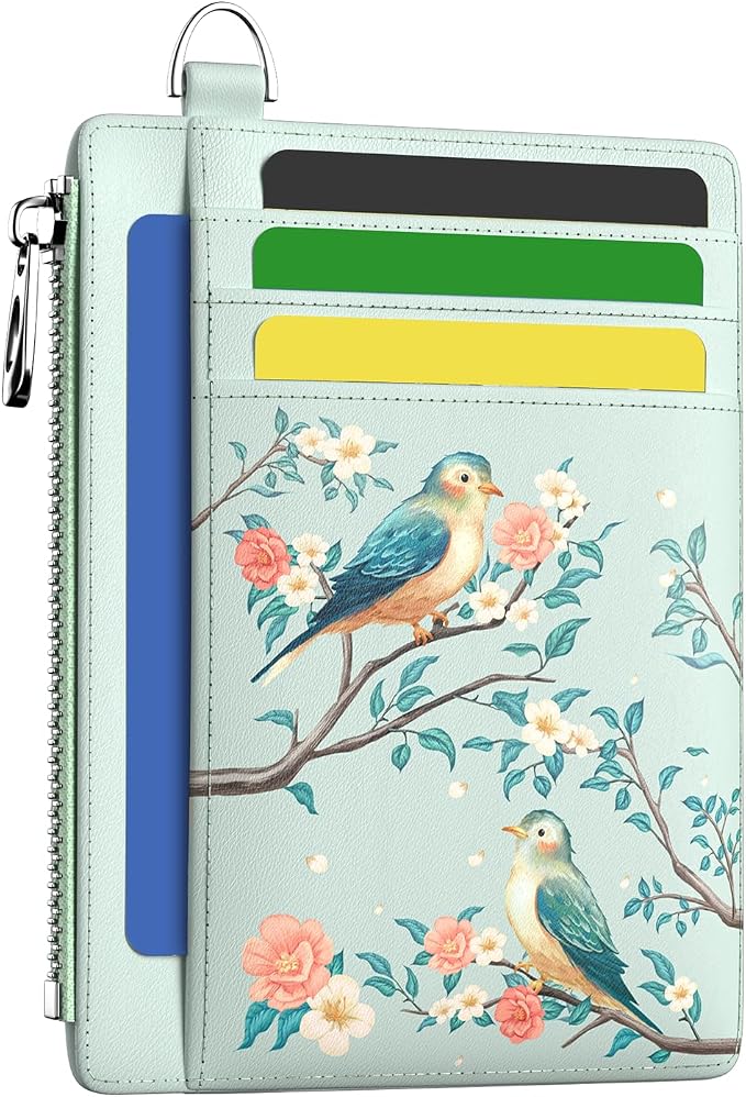 Hancynir Bird Floral Flower Slim Wallet Women Credit Card Holder RFID Small | Zipper Pocket Wallet, Thin Travel Coin Purse, Ladies Women Gifts, Minimalist Card Case, 6 Card Slots, ID Window, PU Leather