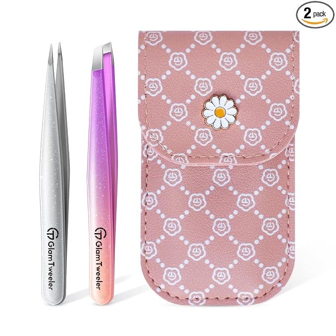 Expert Slant and Point Tip Tweezer Set with Exclusive Storage & Carrying Case, GlamTweeler Sharp & Precision Tweezer Set for Eyebrows, Facial Hairs and Fine Hairs Removal (Sparkle Violet + Silver)